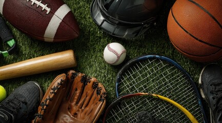 Assorted sports equipment on artificial turf