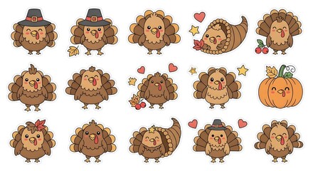 Adorable kawaii turkey sticker sheet illustration. Cute cartoon characters, pastel colors, and happy faces. Perfect for crafts and decorations.