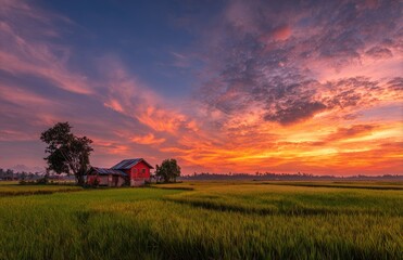 Fototapeta premium Sunset over a rural rice paddy with a small red house