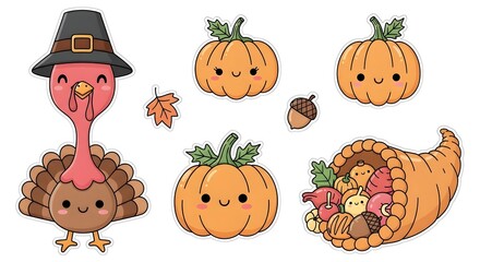 Fototapeta premium Cute Thanksgiving sticker sheet illustration with playful cartoon characters in pastel colors. Perfect for crafts and festive designs.