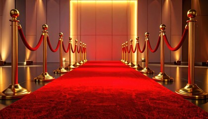 A luxurious red carpet awaits at a glamorous event entrance.