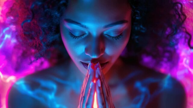 Young woman in prayer with vibrant colors and aura surrounding her.