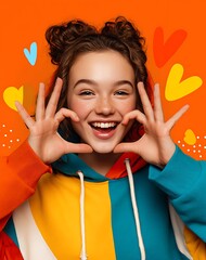 Portrait of a Happy Freckled Teen Girl in Colorful Hoodie, Gesturing Heart Shape with Hands Against Vibrant Orange Background