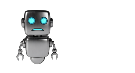 Cute robot with glowing blue eyes standing against black background
