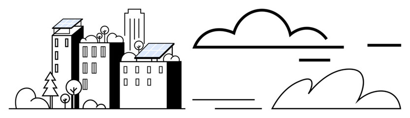 Urban buildings with solar panels surrounded by trees, bushes, and clouds. Ideal for sustainability, renewable energy, green living, eco-city planning, environmental care, smart cities and urban