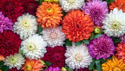 The image shows a dense collection of dahlia flowers in a range of colors, including white, orange, pink, and red, set against green foliage.