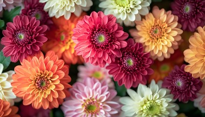 The image shows a dense cluster of various flowers, predominantly chrysanthemums, exhibiting a range of colors from deep red to light creamy white.