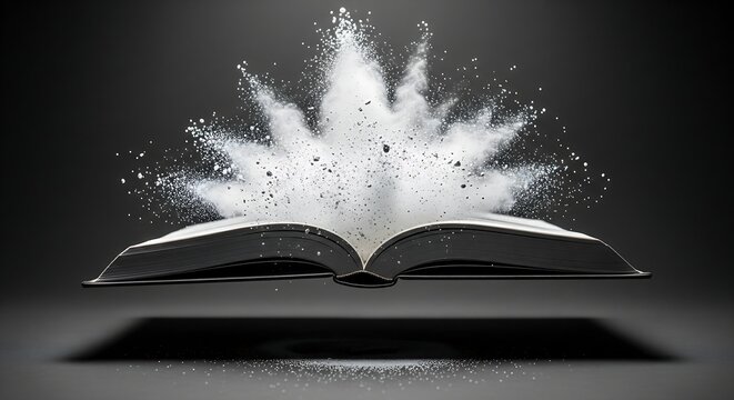 Knowledge explosion concept with open book and burst of light representing learning power