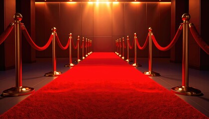 Red carpet entrance with gold stanchions and velvet ropes leading to an event.