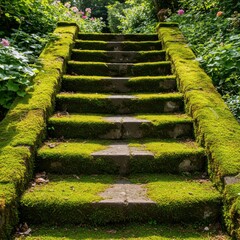 Moss Covered Stone Staircase in Lush Green Garden with Morning Sunlight