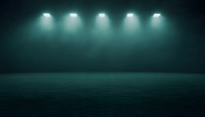 The illustration shows four spotlights illuminating a dark cyan stage with a textured floor, creating a dramatic and mysterious atmosphere.