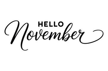 Hello November typography, elegant hand lettered quote for welcome month design.

