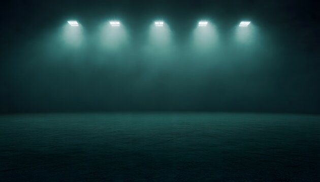 The illustration shows four spotlights illuminating a dark cyan stage with a textured floor, creating a dramatic and mysterious atmosphere. - Powered by Adobe