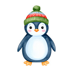 Fototapeta premium Adorable Watercolor Penguin Wearing a Green and Red Knit Winter Hat.