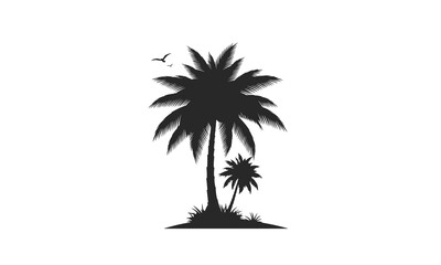 Black silhouette of two tropical palm trees on a small island with a single flying bird.