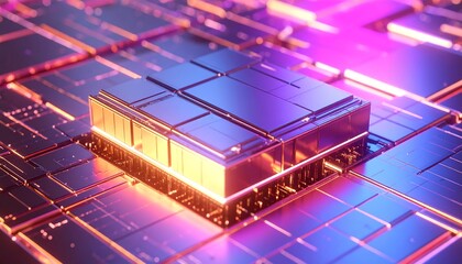 Abstract circuit board with glowing central chip