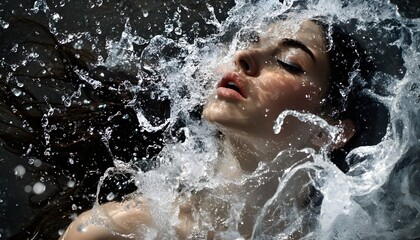 Fototapeta premium The photograph shows a young woman with dark hair whose face is partially obscured by a large amount of splashing water.