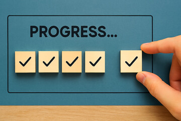 Progress Completion Illustration – Hand Placing Final Sticky Note with Checkmark in Row of Six Under “PROGRESS...” Text on Blue Background Representing Task Management, Goal Achievement, and Workflow 