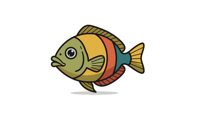 Cartoon Fish with Colorful Stripes and Black Outline, Cute Aquatic Animal.