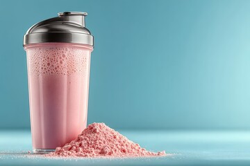 Fresh Pink Protein Shake in Shaker with Powder Pile on Blue Background