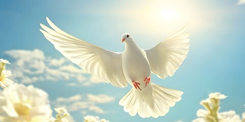 Obraz premium Dove soaring in bright sunlight, symbolizing peace
