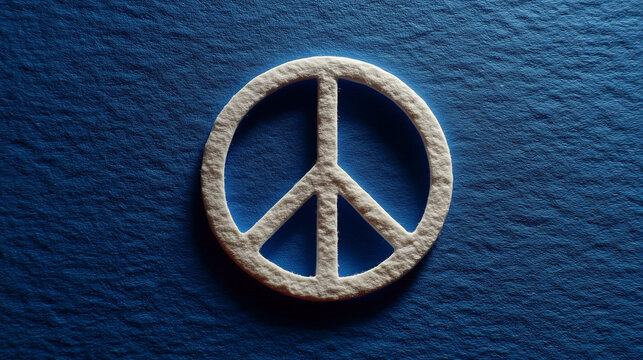 White peace symbol on textured blue background, symbolizing unity, harmony, and global togetherness for International Day of Peace celebrations and awareness campaigns
