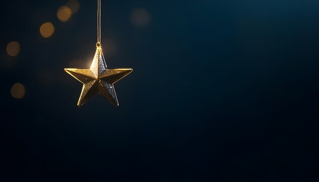 A glittering gold star ornament hangs from a thin gold string in front of a dark blue backdrop with blurred lights.