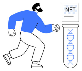 Man running towards DNA strand in test tube and NFT concept, suggesting technology blend. Ideal for blockchain, genetics, innovation, science, digital future, biotech creativity. Simple flat