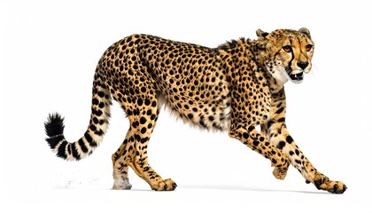 A cheetah in motion, poised and ready to pounce, isolated on white.