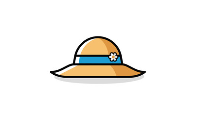 Cartoon Illustration of a Stylish, Wide-Brimmed Sun Hat with Blue Ribbon and Flower.