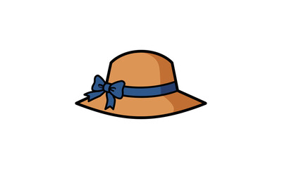 Cartoon illustration of a tan sun hat with a wide brim and a blue ribbon bow.