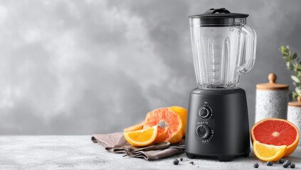 Modern black blender with citrus fruits on a gray surface.