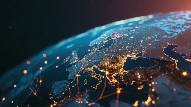 Digital art of world map with internet connectivity lines in focus, symbolizing global communication and electricity grid.