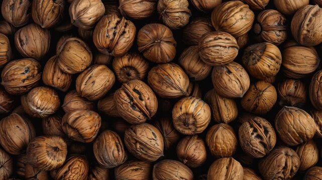 A large heap of shelled pecan nuts on a counter, emphasizing their natural and tasty quality.
