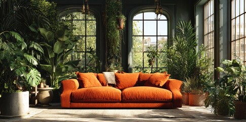Sun-drenched greenhouse living room with an orange sofa and lush greenery