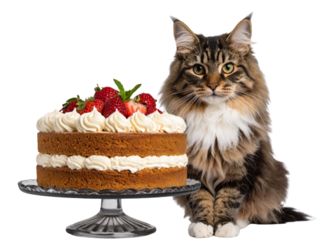 Realistic Cat Sitting Beside Cake isolated on transparent background.