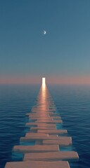 Obraz premium A serene, stylized pathway of light beige planks extends across a calm body of water, leading to a glowing white door against a pastel sky, with a crescent moon in the distance