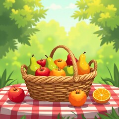 Picnic Basket with Assorted Fruits on Gingham Tablecloth in Cartoon Style