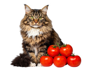 Realistic Cat Sitting with Tomatoes isolated on transparent background.