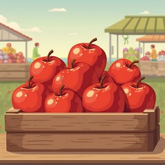Red Apples in Crate at Farmers Market Cartoon Style