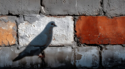 Fototapeta premium Shadow of a dove cast on an old brick wall, symbolizing peace, resilience, hope, and harmony for International Day of Peace awareness and unity themes 