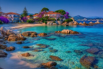 Obraz premium Picturesque Italian Coastal Village Crystal Waters with Azure Sky, and Luxury Homes.