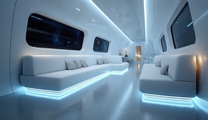 Futuristic spaceship lounge with white seating, illuminated baseboards, and large windows showing space