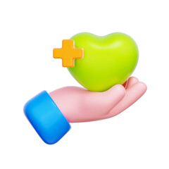 3D icon of a hand holding a green heart with a plus sign. For health and well-being, social care, community support, corporate wellness programs.