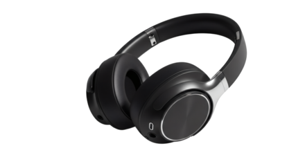 Black wireless over-ear headphones on a solid black background display