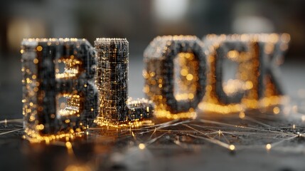 Glowing metallic word "BLOCK" formed from intricate, interconnected structures
