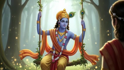 A captivating illustration of lord krishna on a swing in a serene forest, radiating divine energy and spiritual bliss, a symbol of love and devotion
