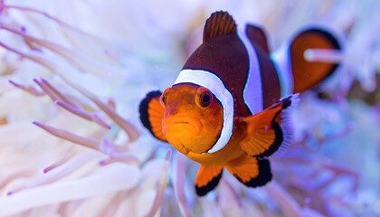 Vibrant orange clownfish swims amidst delicate coral branches