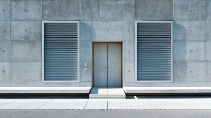and keyword list based on the provided image

 Concrete building facade with closed door, vents, and walkway