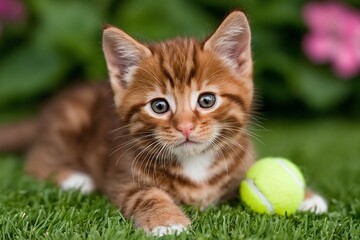 Playful Ginger Kitten with Tennis Ball in Garden with Cute Domestic Cat Portrait.